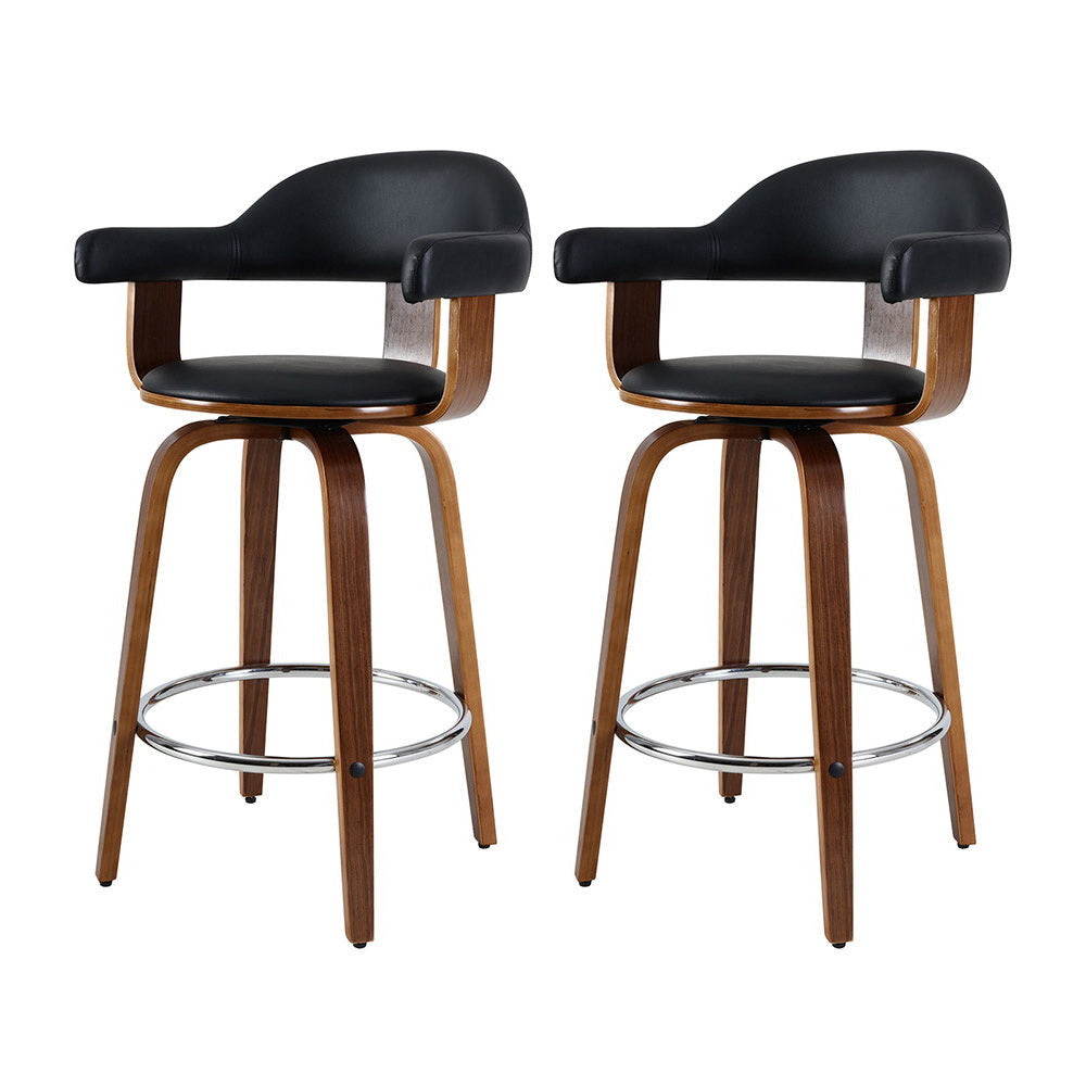 Stylish Leather Seat Bar Stools with Wooden Legs - Set of 2