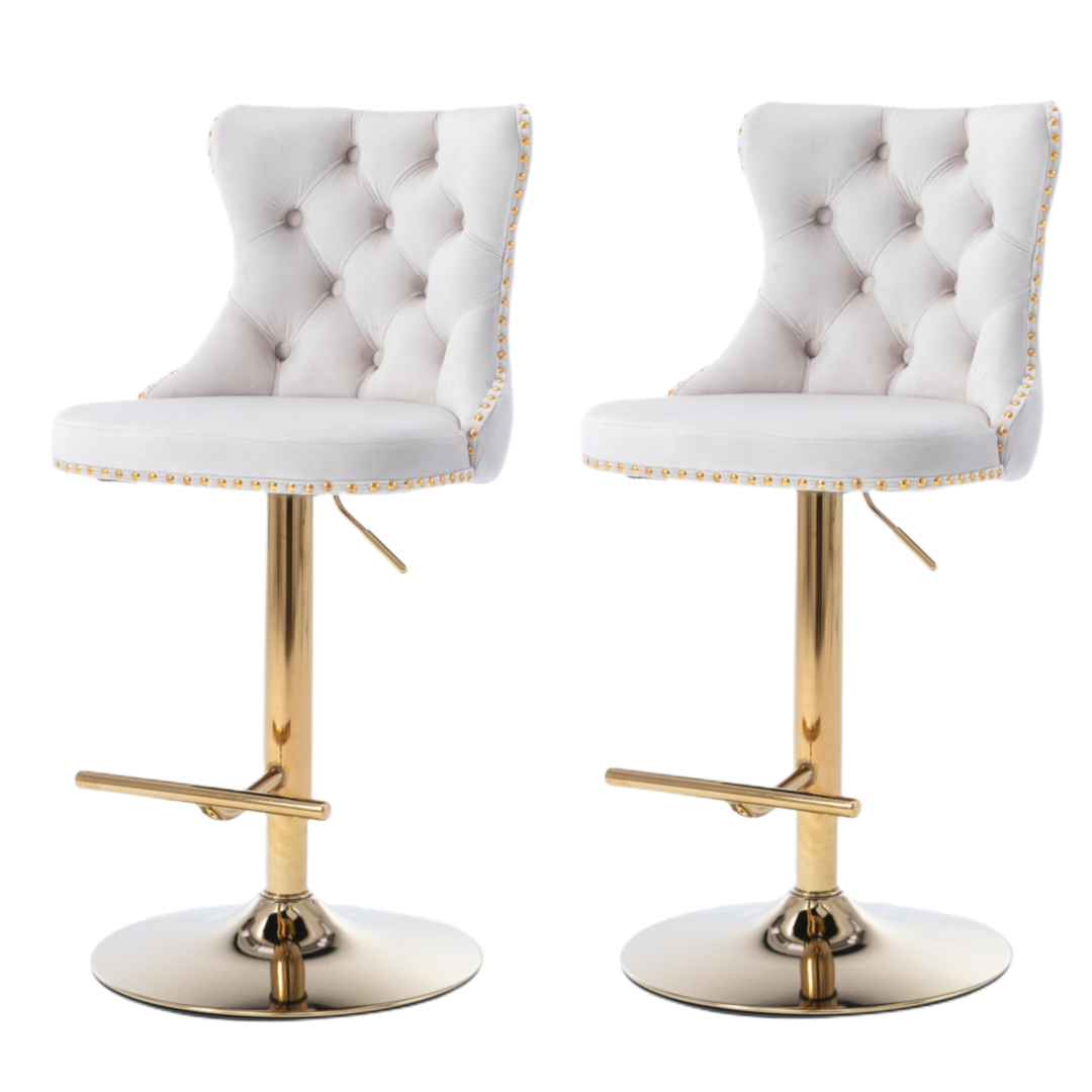 2x Height Adjustable Swivel Bar Stool Velvet Studs Barstool with Footrest and Golden Base- Beige