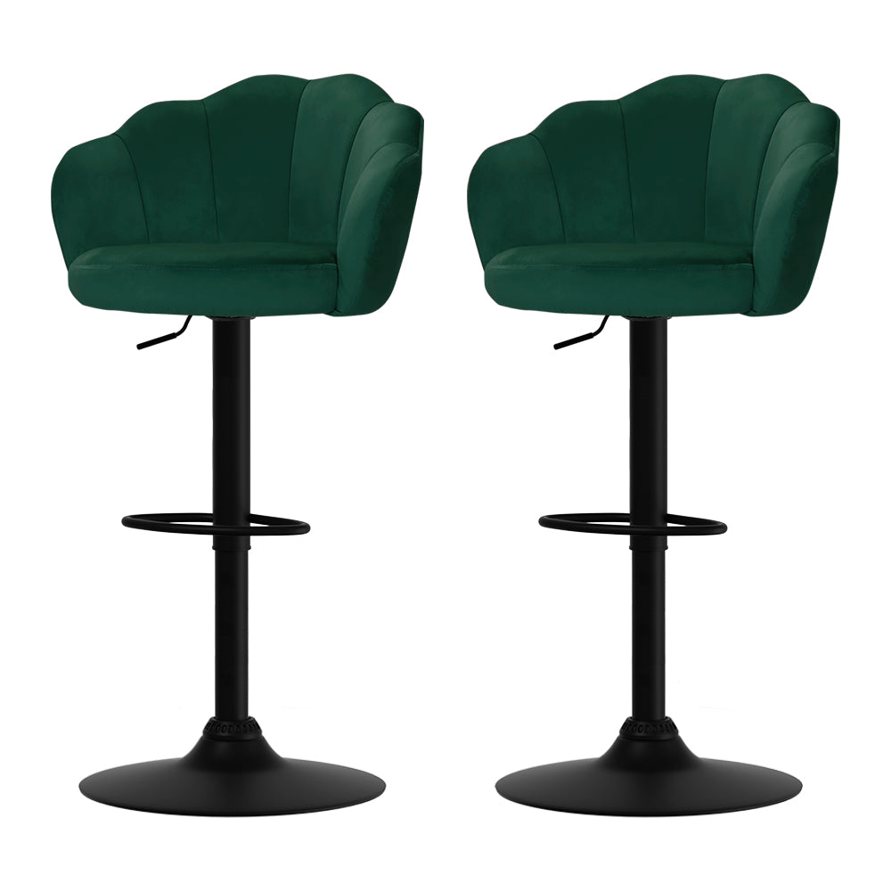 2x Gas Lift Velvet Green Bar Stools with Clam Shell Design