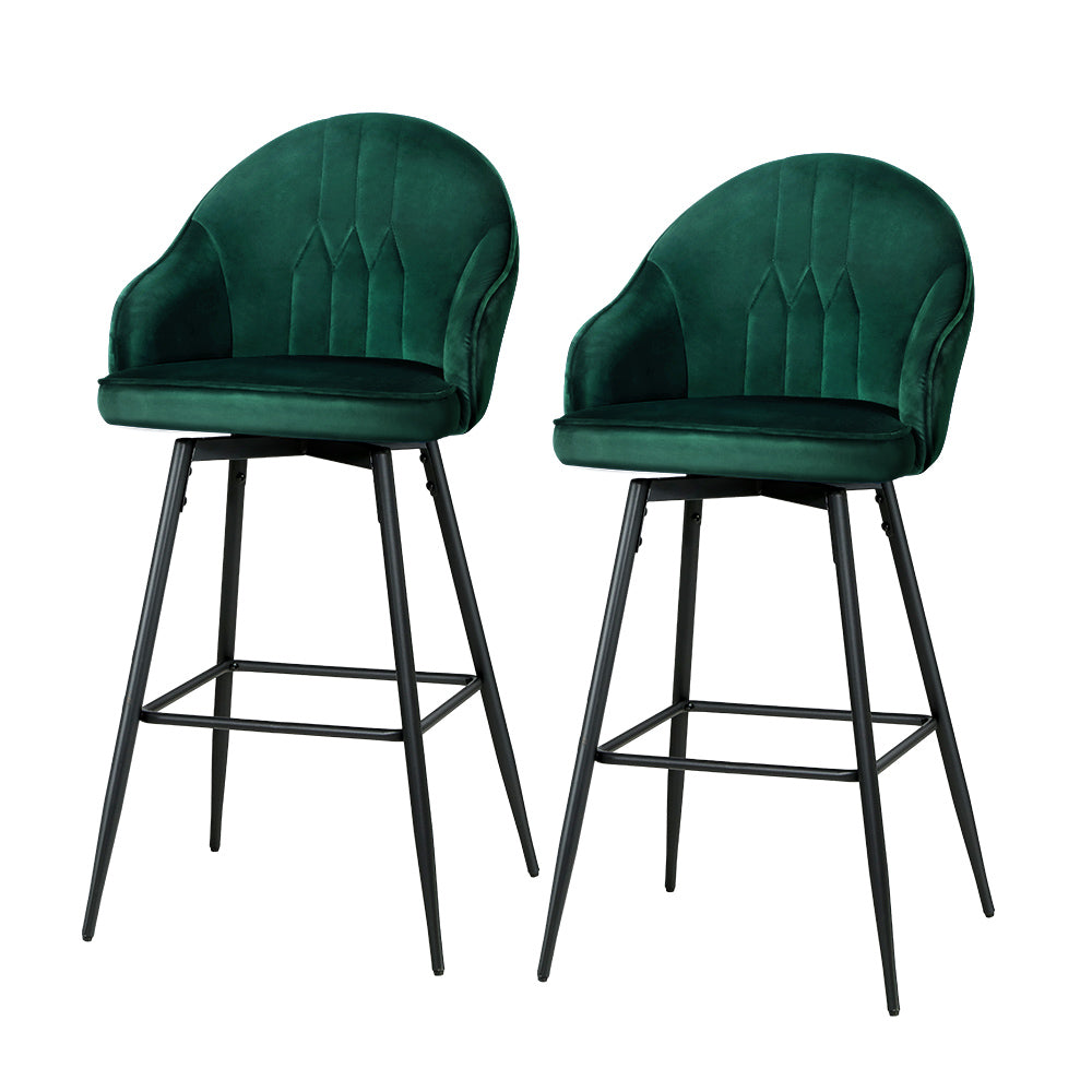 Velvet Green Swivel Bar Stools with Metal Legs - Set of 2