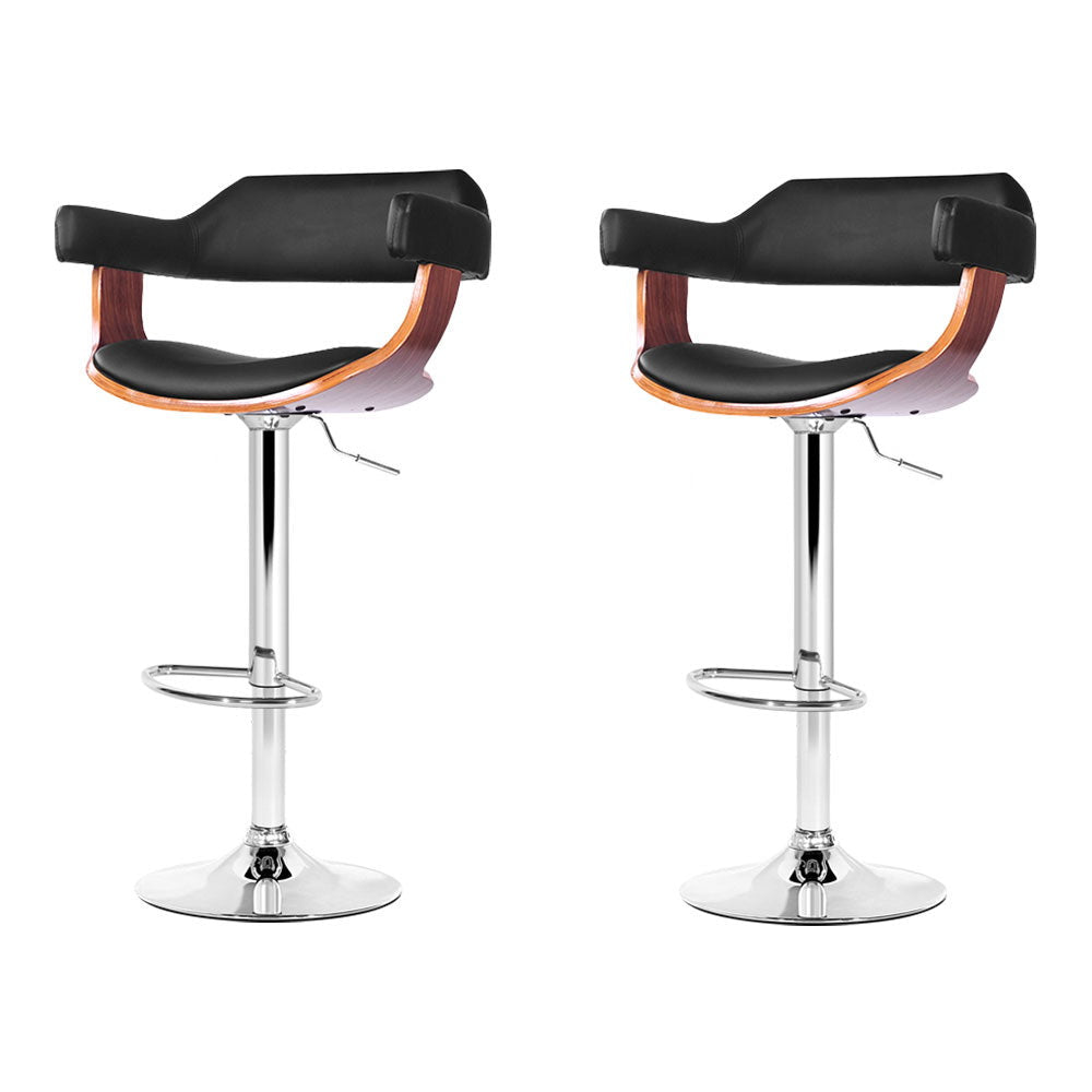Bar Stools Gas Lift Leather w/Armrest Black (set of 2)