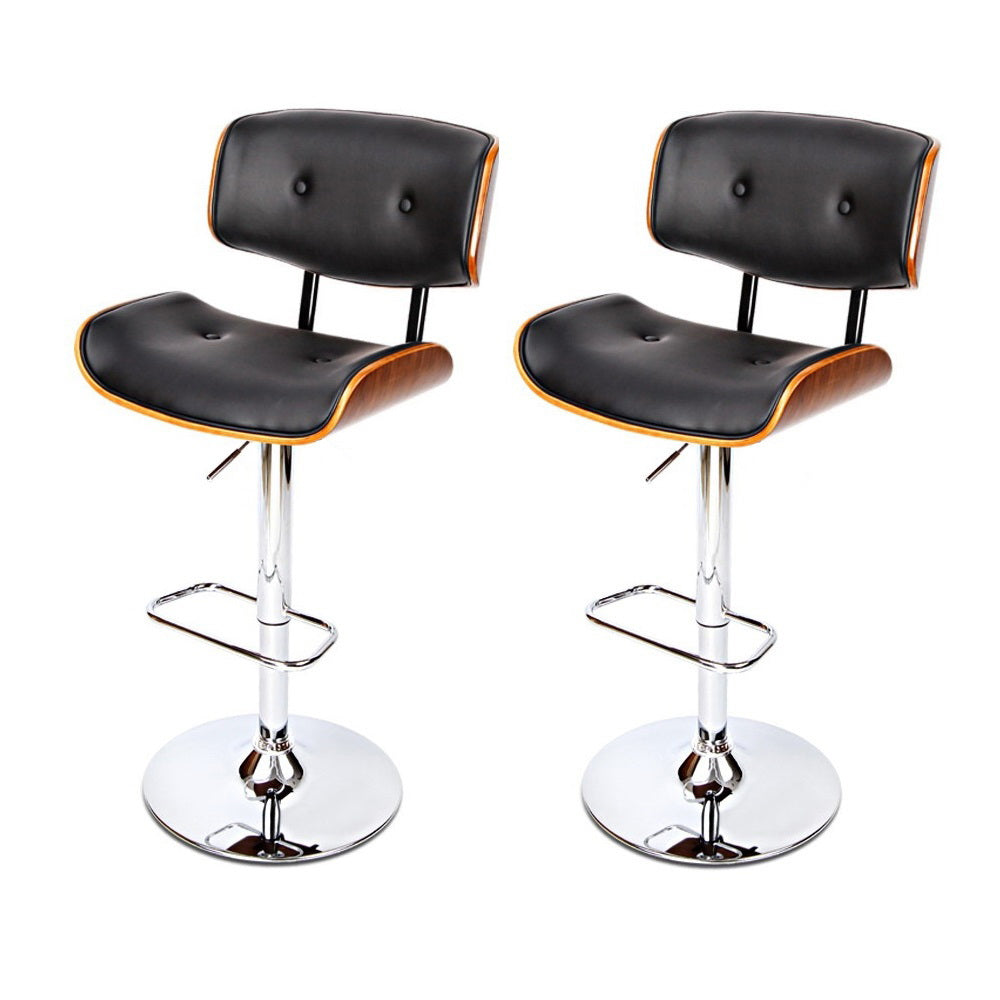 2x Gas Lift Leather Bar Stools - Black with Chrome Finish