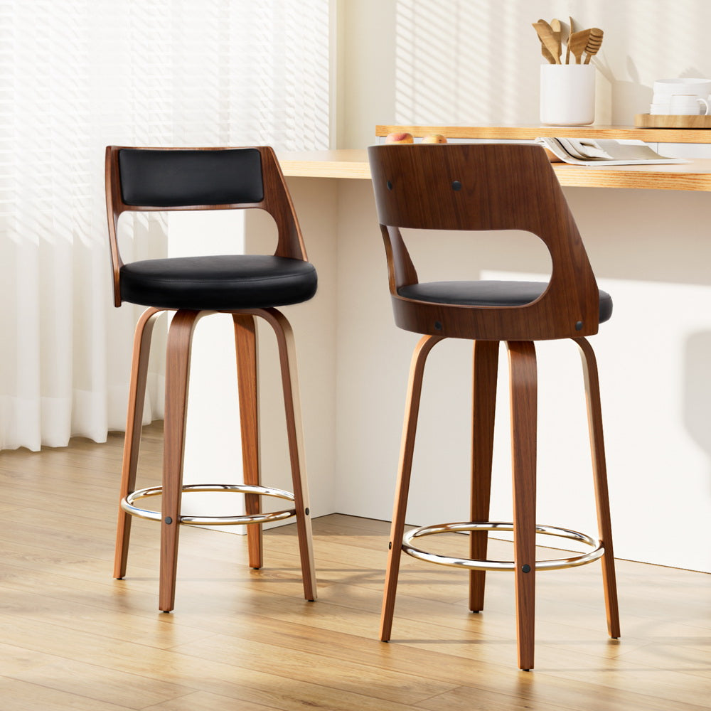 2x Swivel Leather Bar Stools with Chrome Footrest - 76cm Height