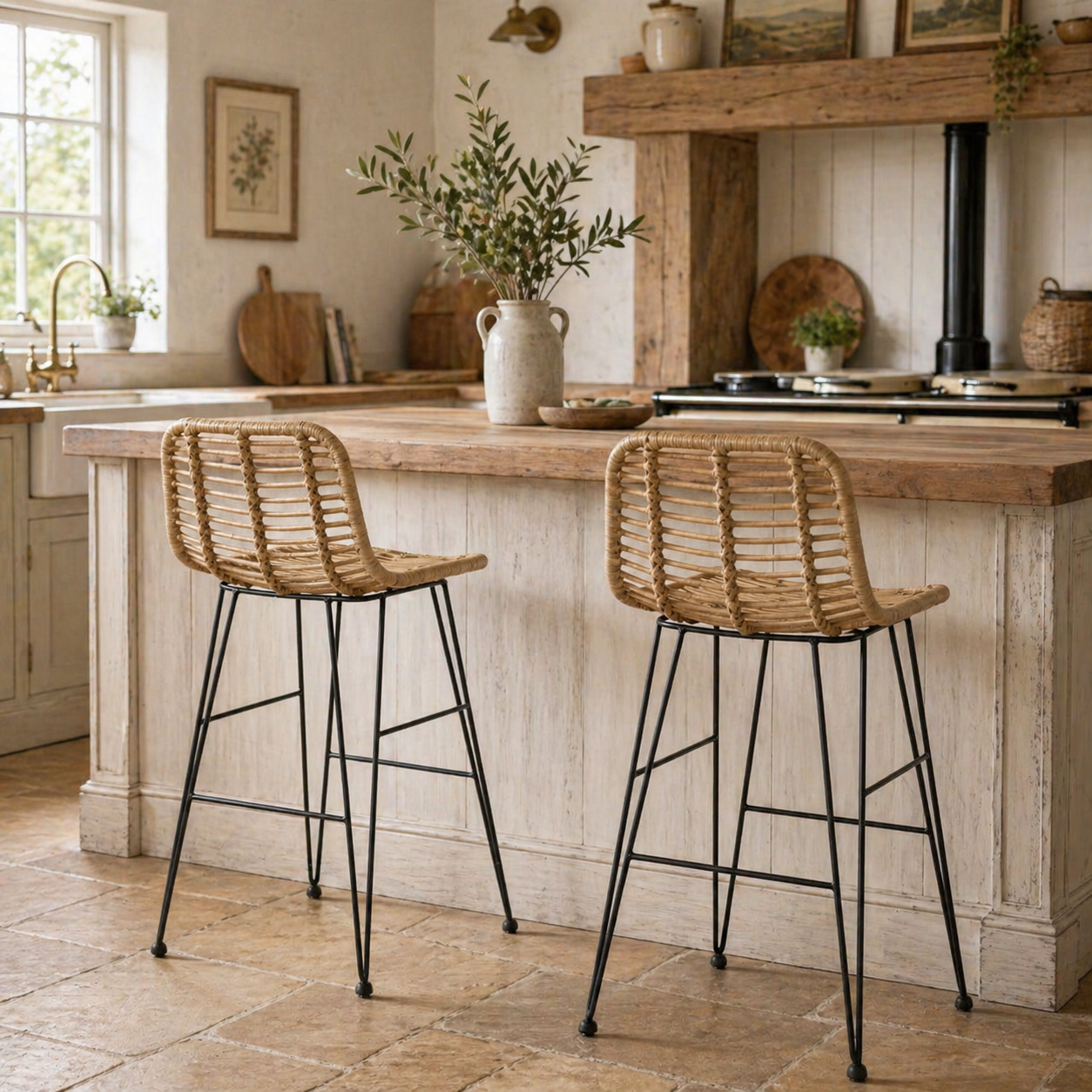 Marina Luxe Bar Stool x 2 - Wicker in Beige