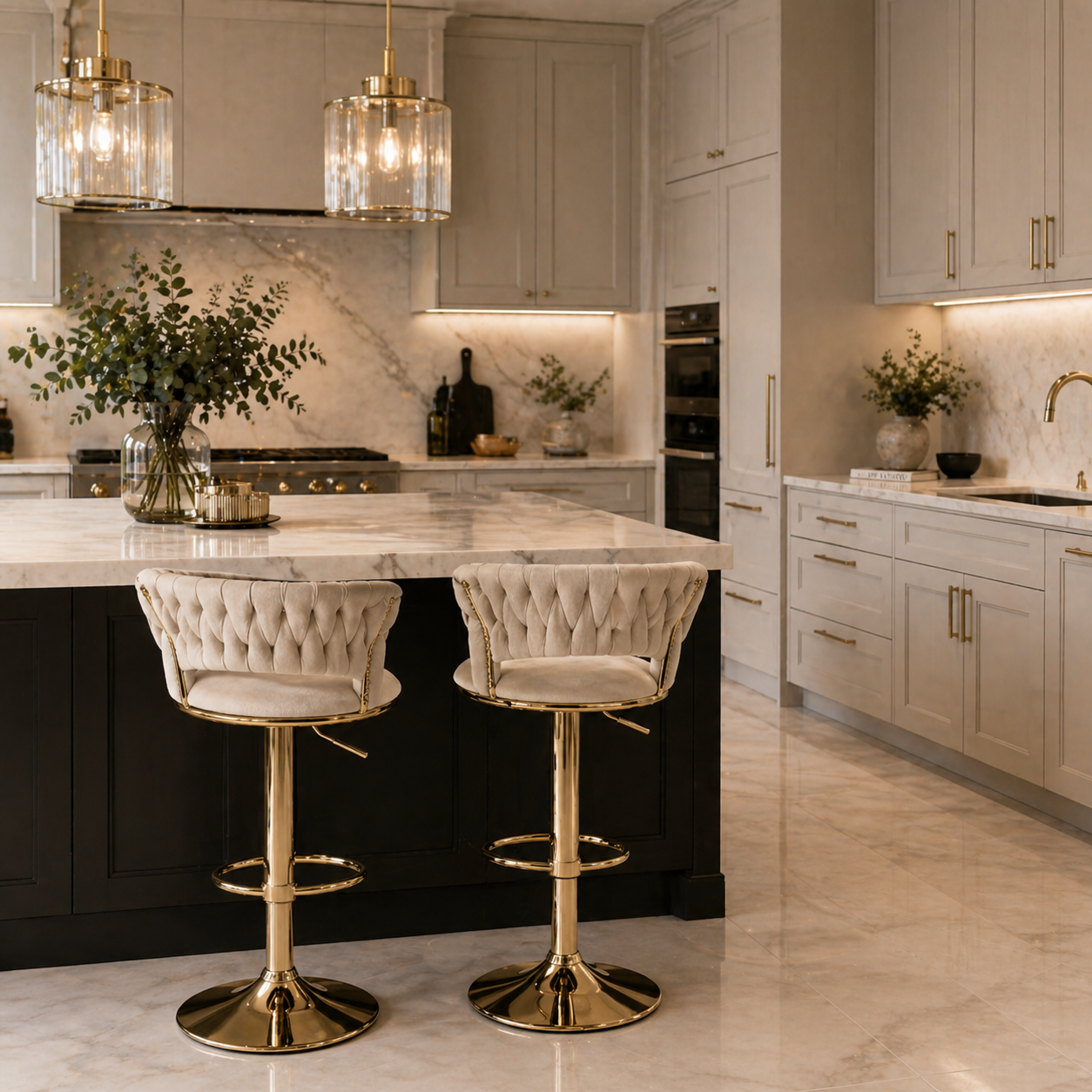 2x Height Adjustable Swivel Bar Stool Velvet Golden Base Barstools Chairs Padded Seat- Beige