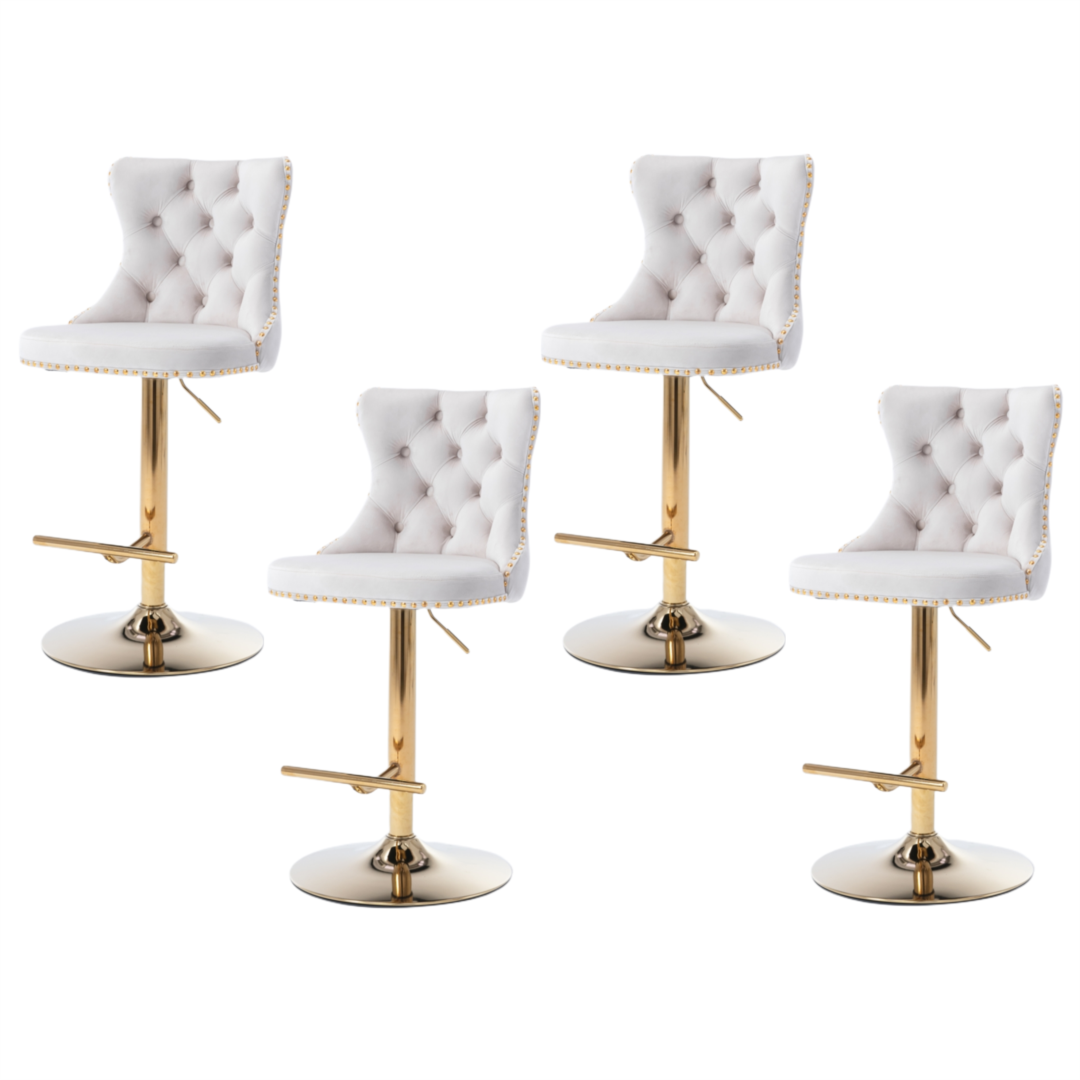 4x Height Adjustable Swivel Bar Stool Velvet Studs Barstool with Footrest and Golden Base- Beige