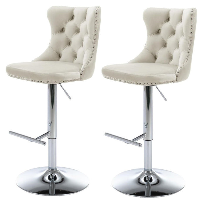SERENITà Ivory Velvet Bar Stools Adjustable Swivel Counter Height Chairs with Tufted Back and Nailhead Trim for Kitchen Island Pub Restaurant (2Pcs, Chrome Metal)