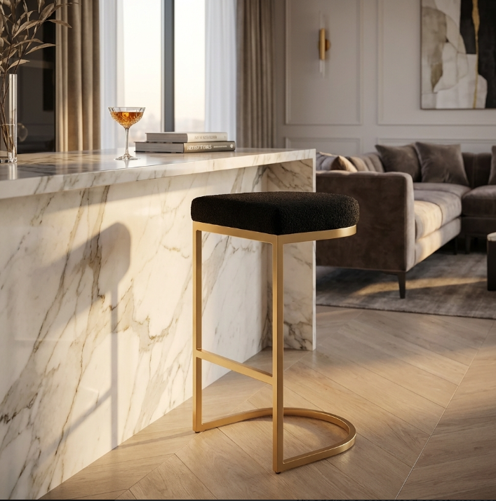 Imperial Black Bouclé Bar Stool with Champagne Gold Base